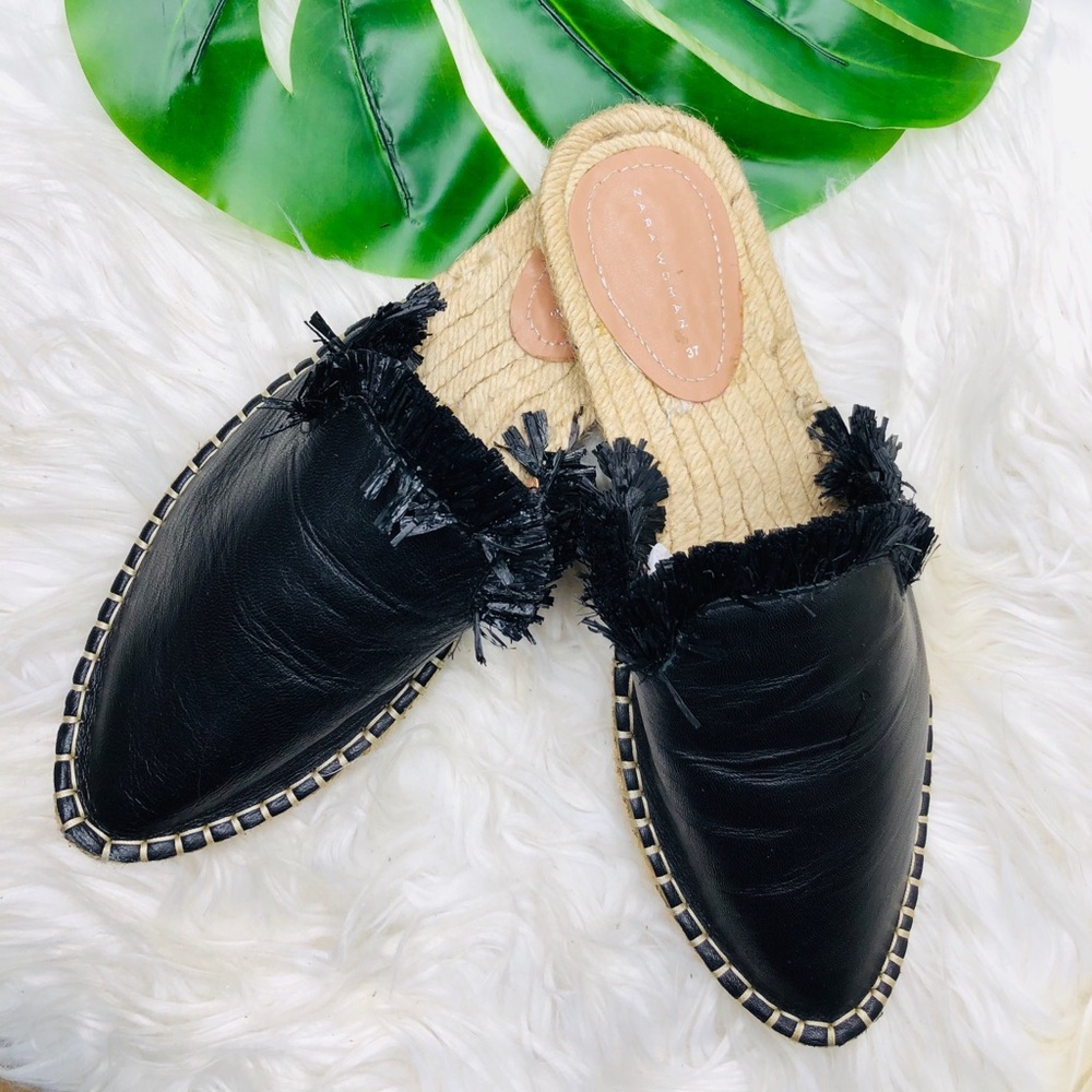 Zara Faux Leather Fringe Slip On Espadrille Mules